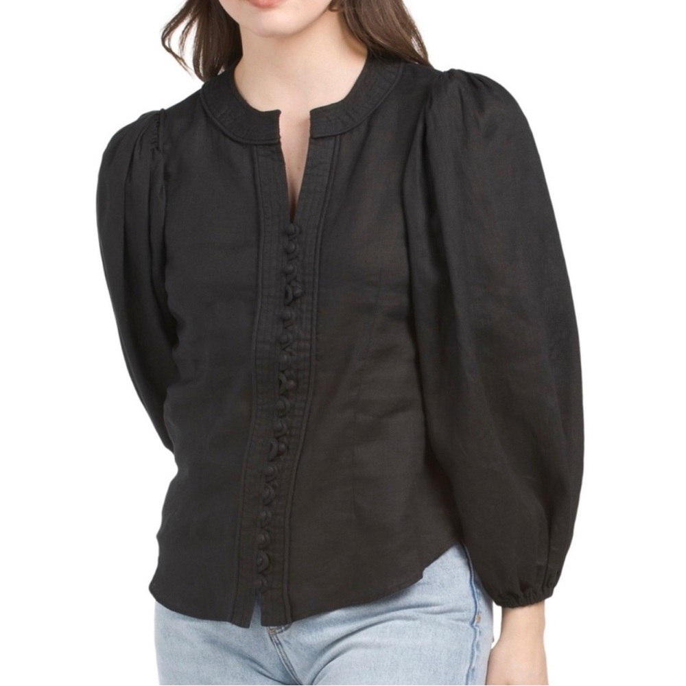 Elie Tahari 100% Linen Blouson Sleeve Button Down Blouse Top in Black